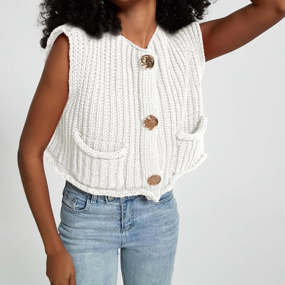 White Knitted Cardigan Vest